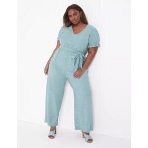 Lane Bryant V neck short Puff-Sleeve Linen Jumpsuit in green size 22